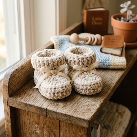 Soft Velvet Crochet Baby Booties with Ribbons