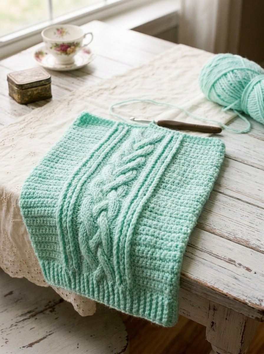 Half finished mint crochet front panel with three raised rope cables and post stitch ribs draped over the edge of a whitewashed table