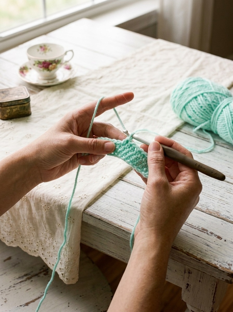 Hands working the foundation double crochet edge and first rows of the mint cable crochet sweater with a 6.5 mm hook on a whitewashed table