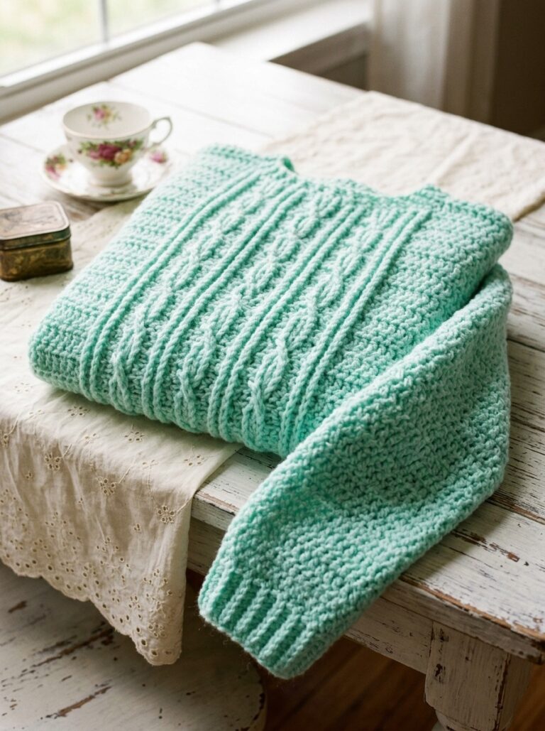 Finished mint Gotta Have It cable crochet sweater on a whitewashed farmhouse table