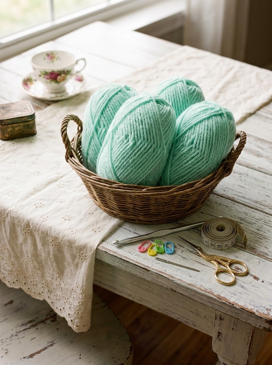 Three skeins of mint Red Heart With Love yarn in a willow basket with a 6.5 mm crochet hook, stitch markers, yarn needle, tape measure and scissors