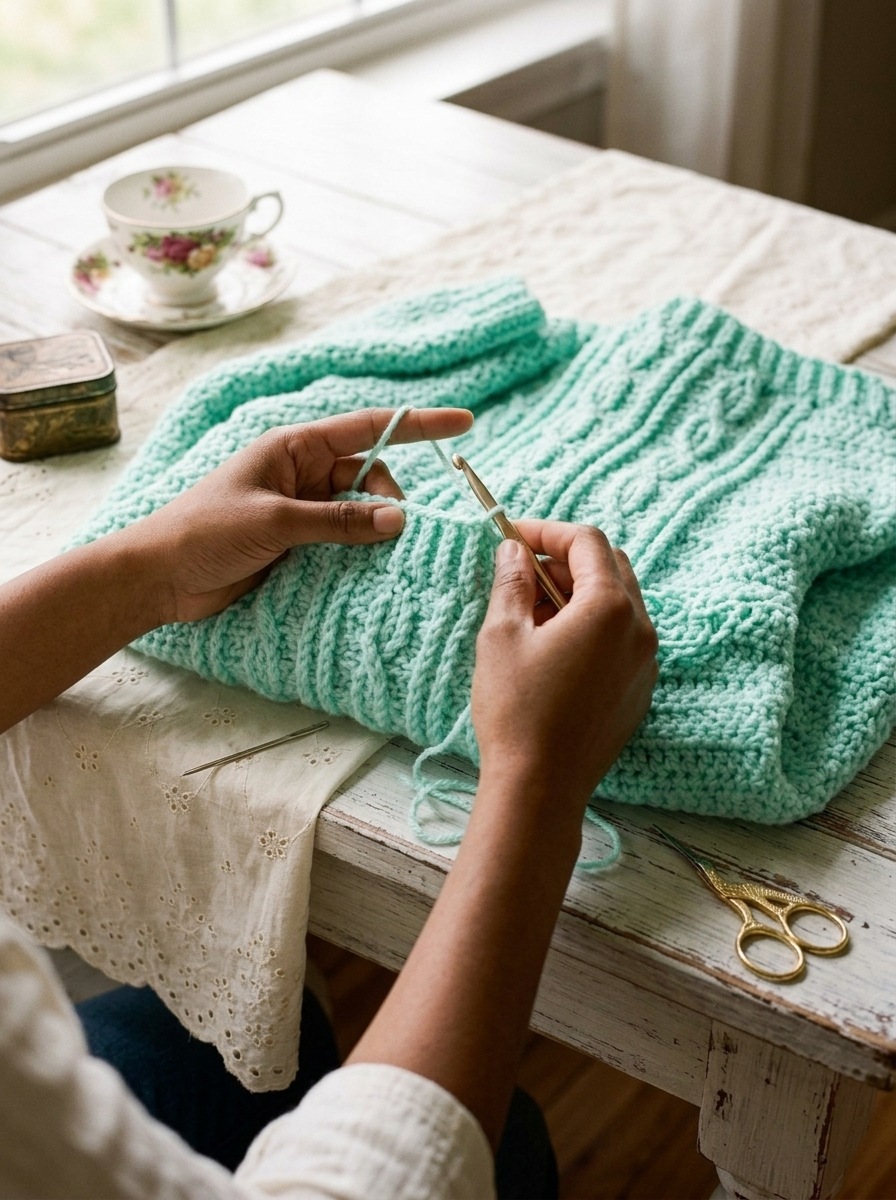 Hands crocheting the ribbed post stitch neckband around the crew neckline of the assembled mint cable crochet sweater