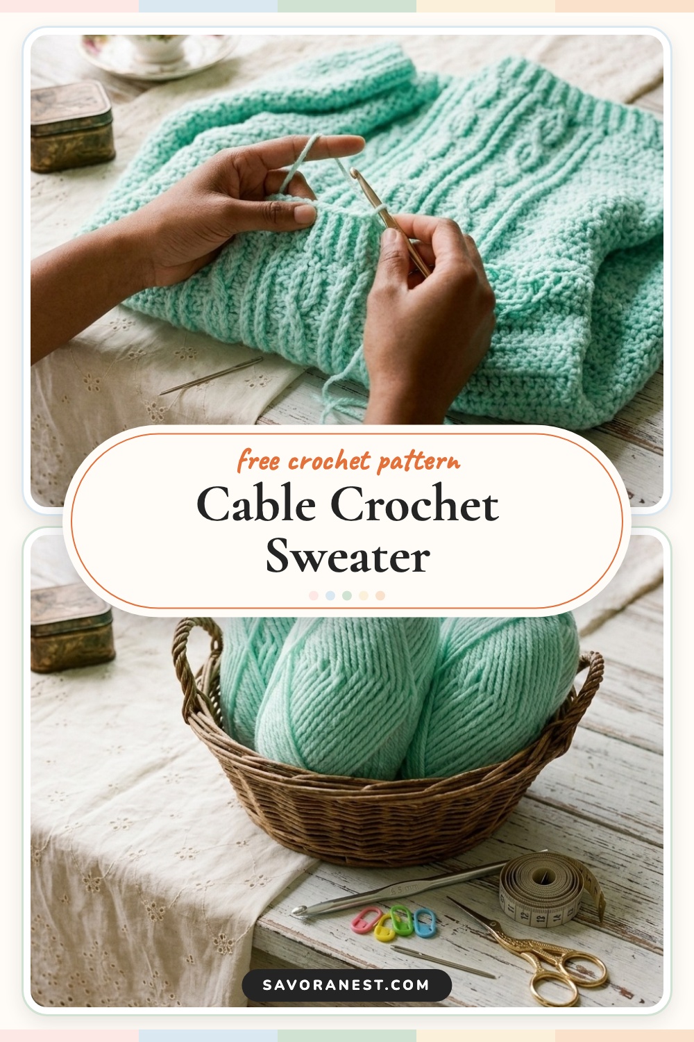 Gotta Have It cable crochet sweater free pattern pin with materials and neckband finishing photos