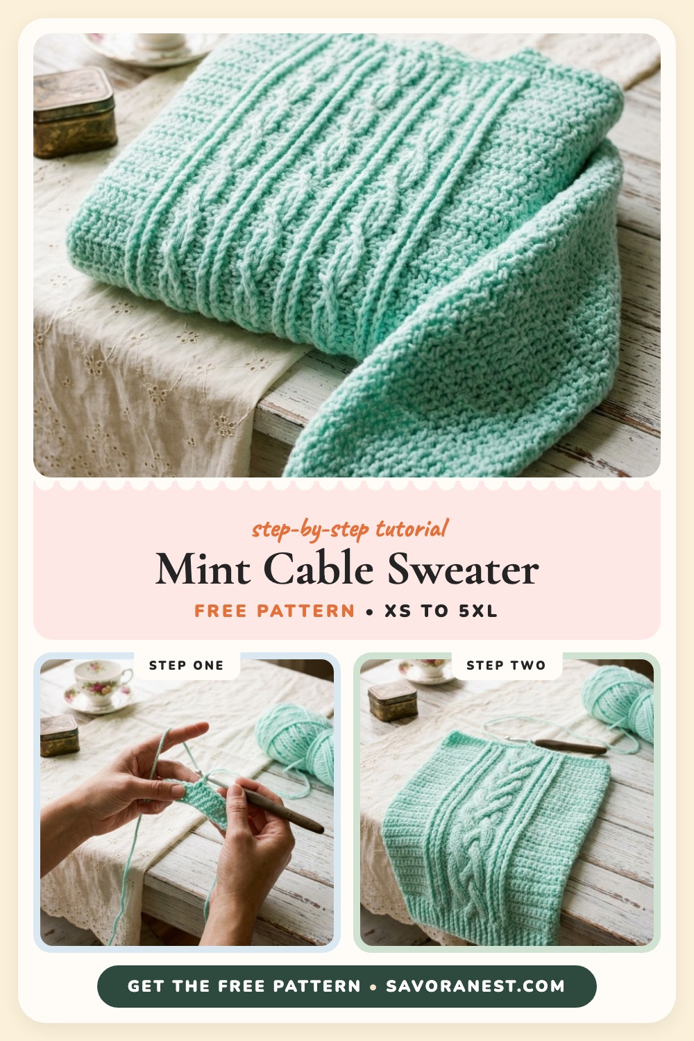 Mint cable crochet sweater design free pattern pin with hero and step photos