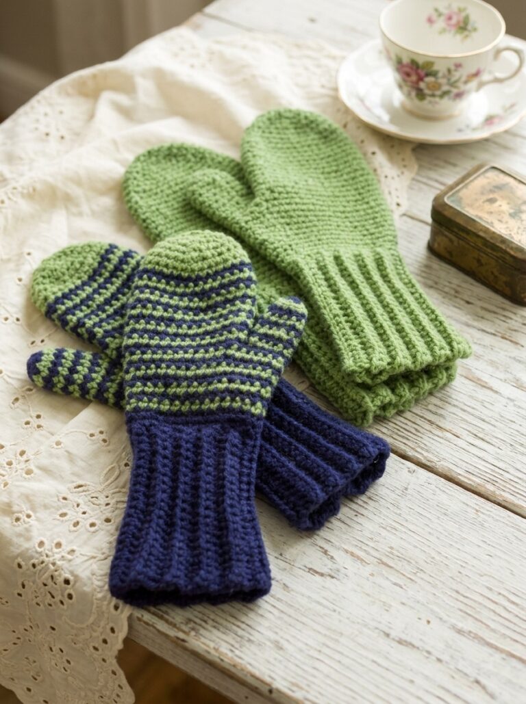 Striped and solid crochet mittens with long ribbed cuffs on a whitewashed farmhouse table