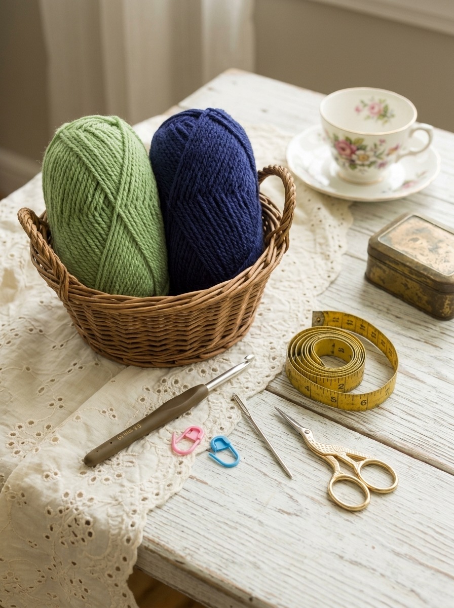 Two skeins of sage green and navy Red Heart Super Saver yarn in a willow basket with a 5.5 mm crochet hook, stitch markers, yarn needle and tape measure