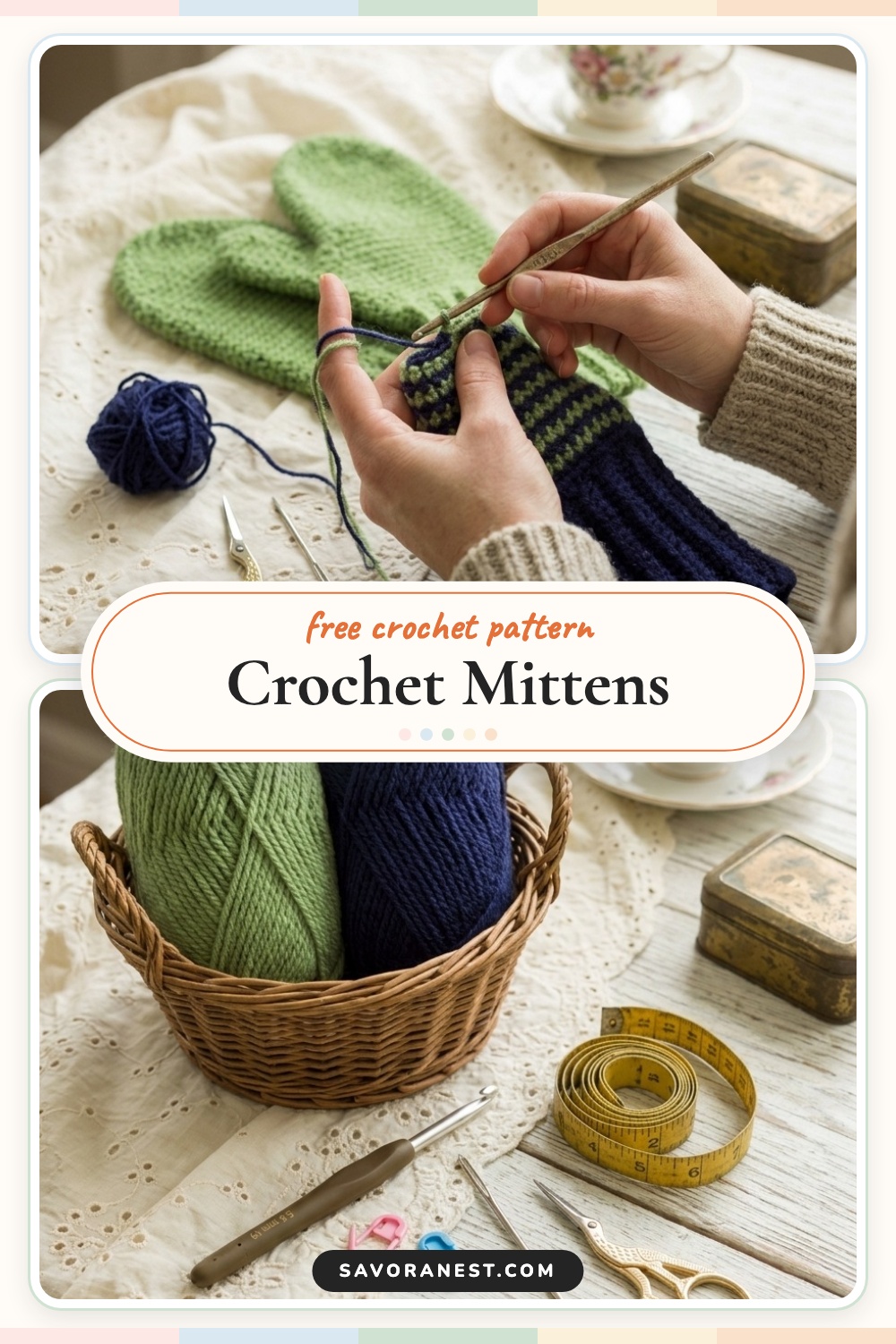 Crochet mittens free pattern pin with materials and thumb finishing photos