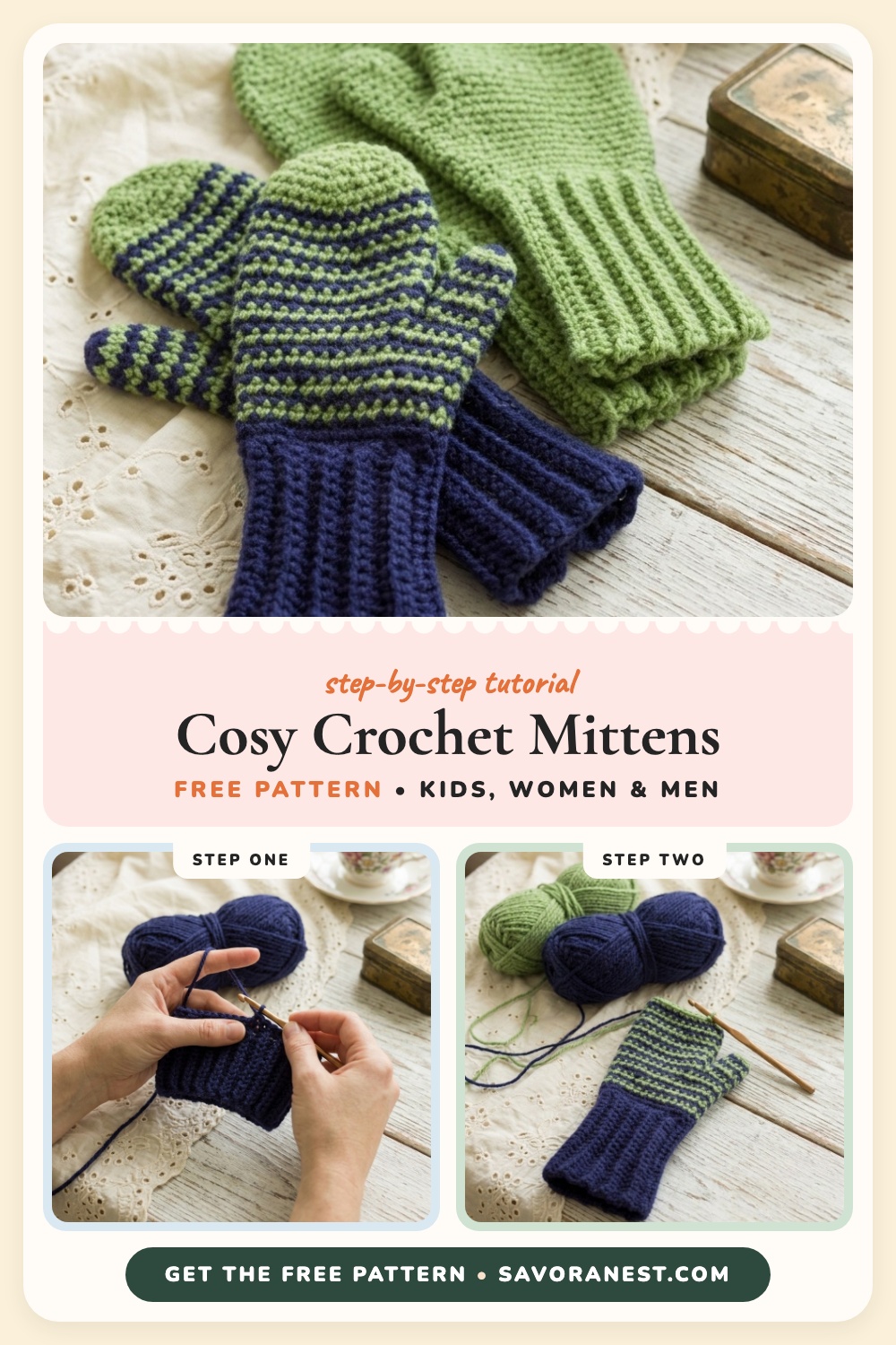 Easy crochet mittens for the whole family free pattern pin with hero and step photos