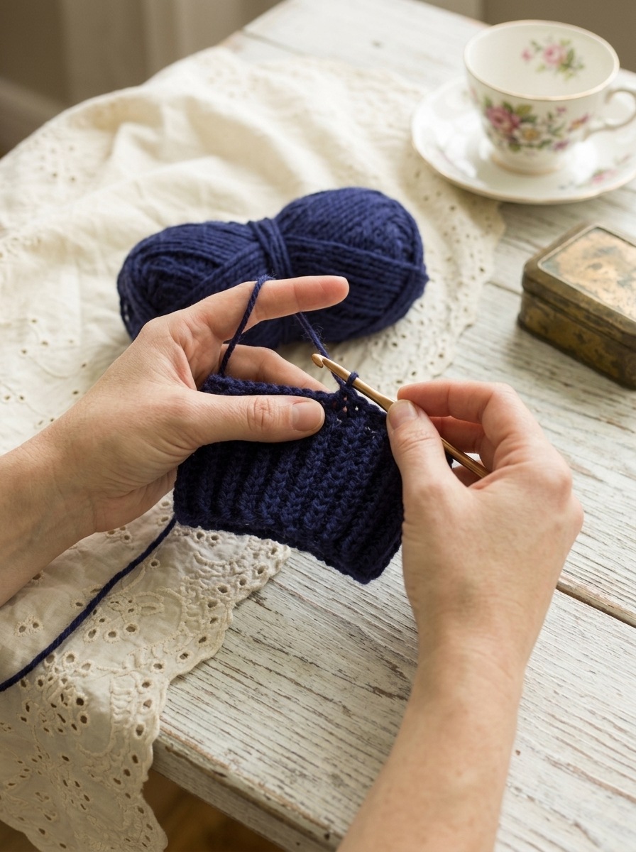 Hands crocheting the navy back loop single crochet ribbed cuff of a crochet mitten with a 5.5 mm hook
