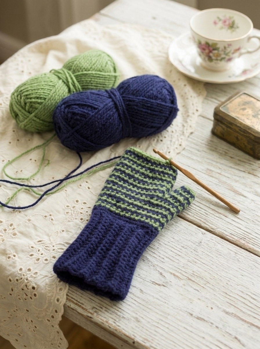 Crochet mitten in progress with navy ribbed cuff and sage green and navy striped hand worked in joined rounds