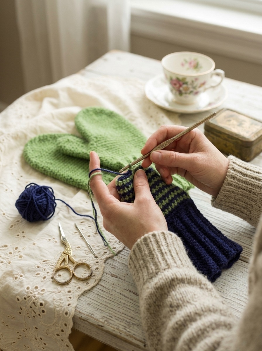 Hands crocheting the striped thumb of a sage green and navy crochet mitten with a long ribbed cuff